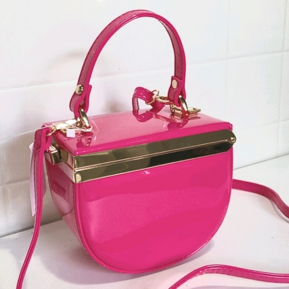 Patent Hot Pink Crossbody Bag with Gold Accent